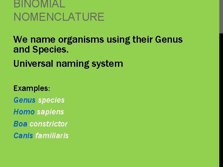 BINOMIAL NOMENCLATURE We name organisms using their Genus and Species. Universal naming system Examples: