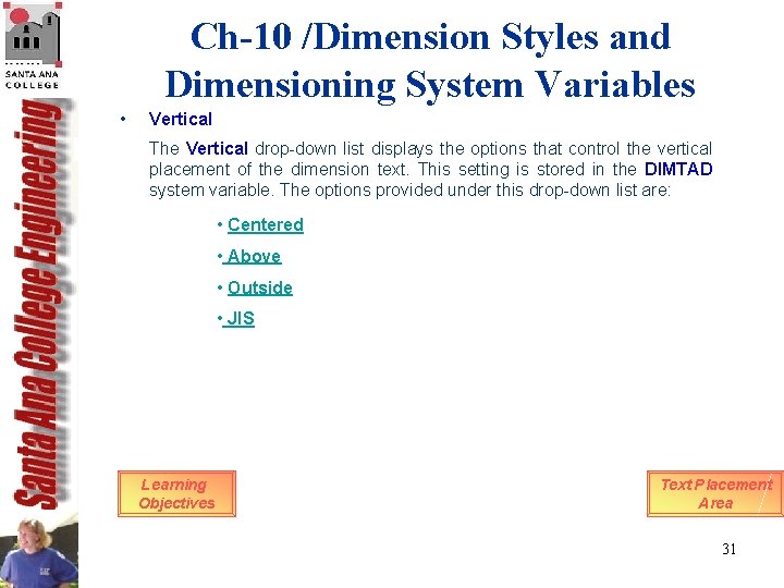Ch-10 /Dimension Styles and Dimensioning System Variables • Vertical The Vertical drop-down list displays Ch-10 /Dimension Styles and Dimensioning System Variables • Vertical The Vertical drop-down list displays