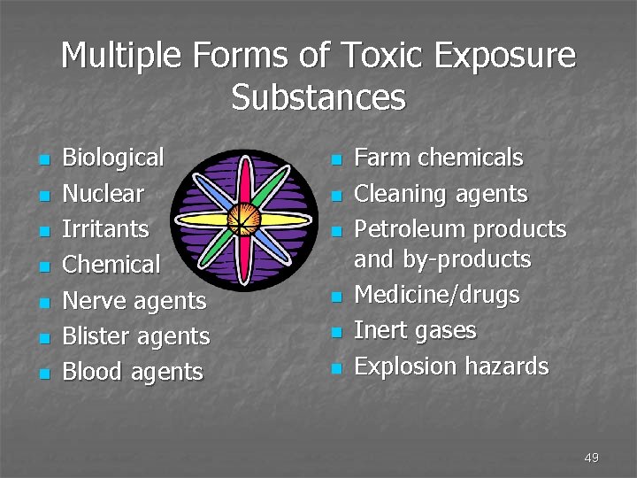 Multiple Forms of Toxic Exposure Substances n n n n Biological Nuclear Irritants Chemical