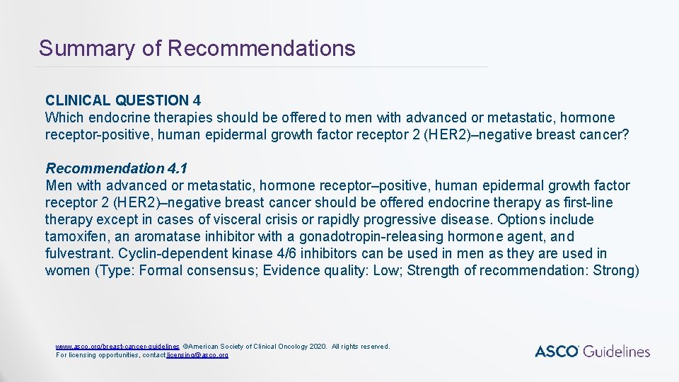 Summary of Recommendations CLINICAL QUESTION 4 Which endocrine therapies should be offered to men