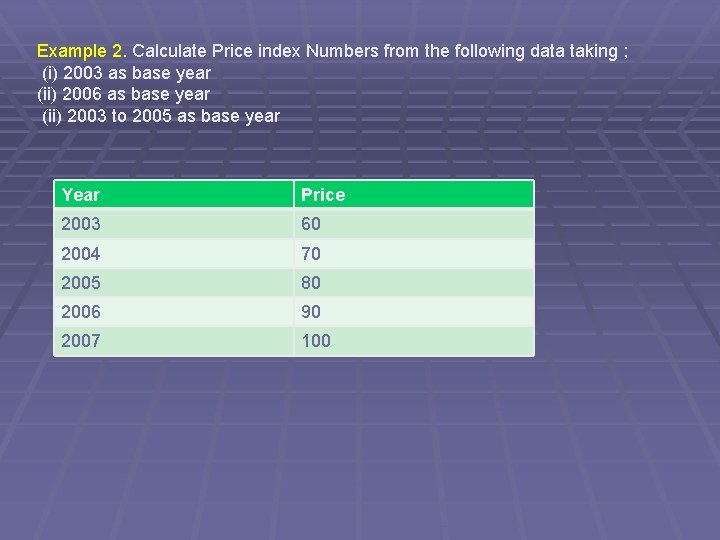 Example 2. Calculate Price index Numbers from the following data taking ; (i) 2003