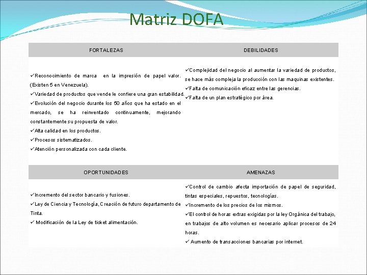Matriz DOFA FORTALEZAS üReconocimiento de marca DEBILIDADES en la impresión de papel valor. (Existen