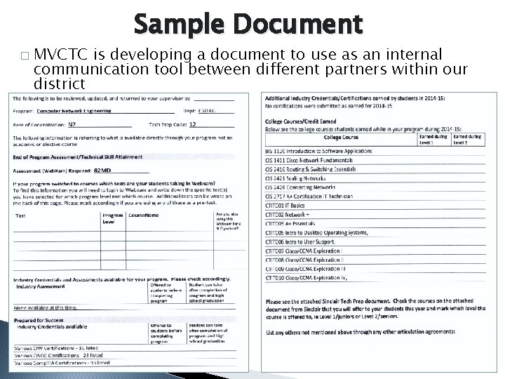 Sample Document � MVCTC is developing a document to use as an internal communication