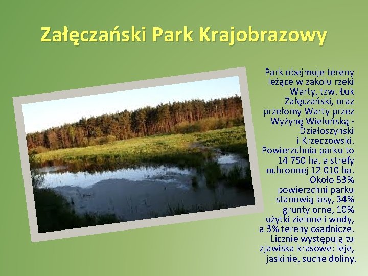 Załęczański Park Krajobrazowy Park obejmuje tereny leżące w zakolu rzeki Warty, tzw. Łuk Załęczański,