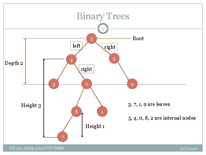 Binary Trees 2 Root 5 left right 2 4 Depth 2 right 3 0