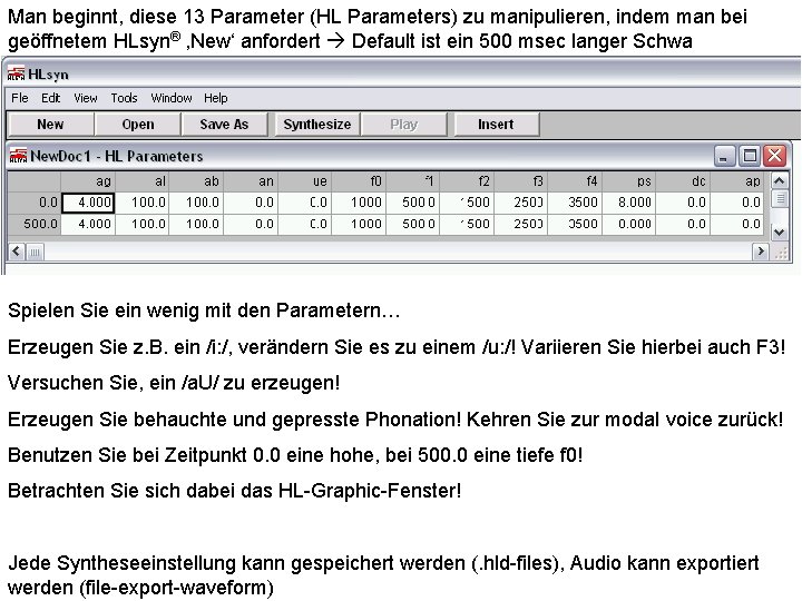 Man beginnt, diese 13 Parameter (HL Parameters) zu manipulieren, indem man bei geöffnetem HLsyn®