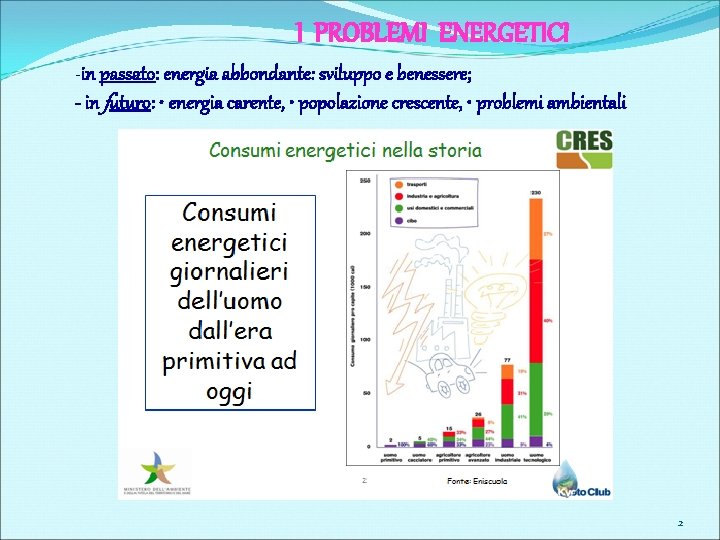 I PROBLEMI ENERGETICI -in passato: energia abbondante: sviluppo e benessere; - in futuro: •