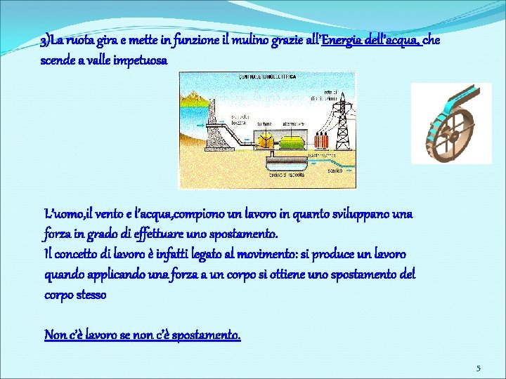 3)La ruota gira e mette in funzione il mulino grazie all’Energia dell’acqua, che scende