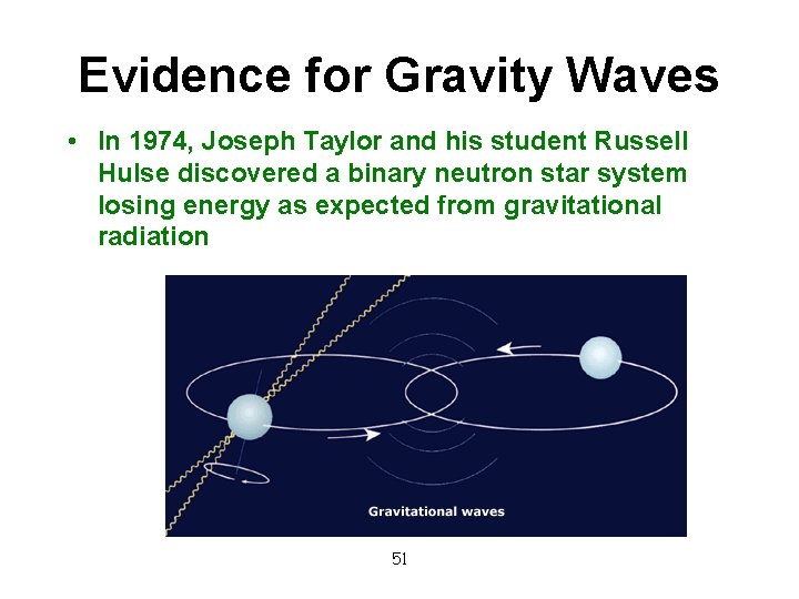 Evidence for Gravity Waves • In 1974, Joseph Taylor and his student Russell Hulse