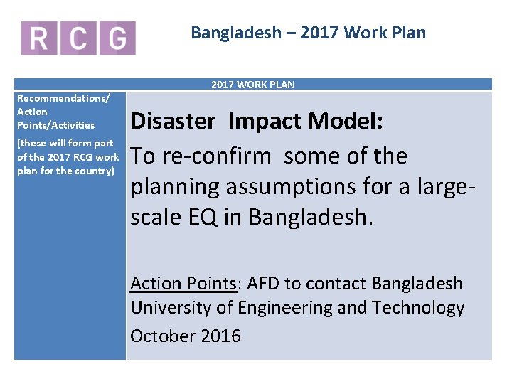 Bangladesh – 2017 Work Plan Recommendations/ Action Points/Activities (these will form part of the