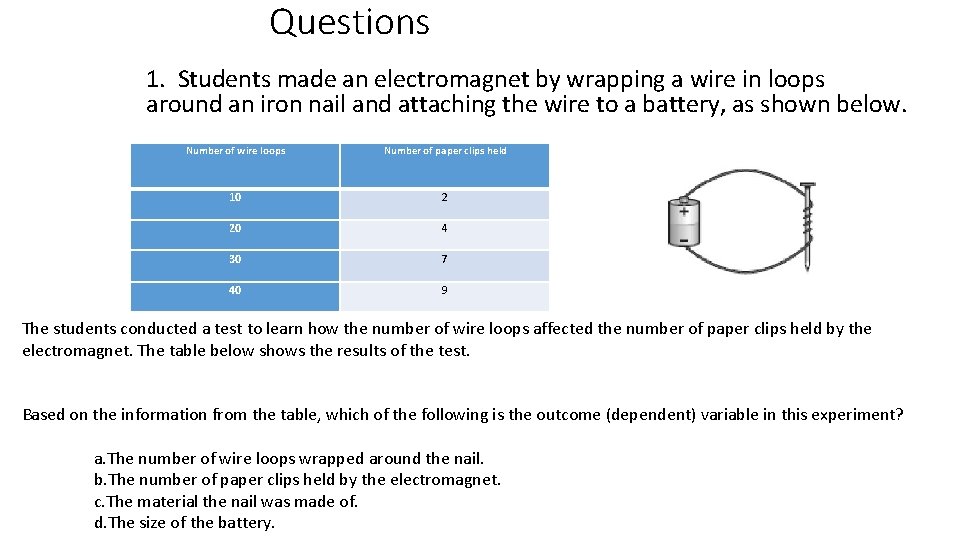 Questions 1. Students made an electromagnet by wrapping a wire in loops around an