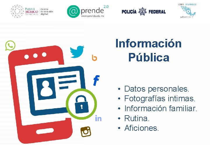 Información Pública • • • Datos personales. Fotografías intimas. Información familiar. Rutina. Aficiones. 