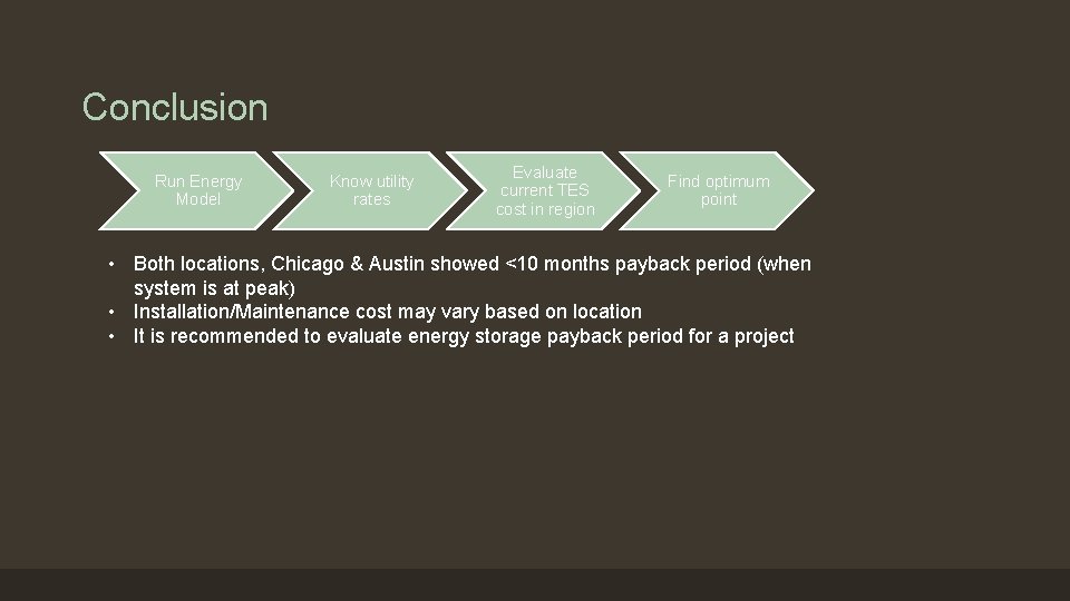 Conclusion Run Energy Model Know utility rates Evaluate current TES cost in region Find