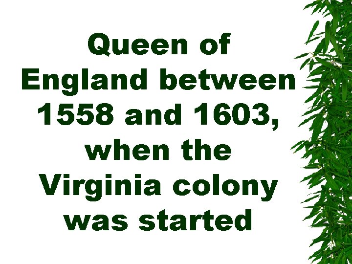Queen of England between 1558 and 1603, when the Virginia colony was started 
