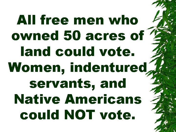 All free men who owned 50 acres of land could vote. Women, indentured servants,