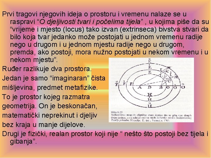 Prvi tragovi njegovih ideja o prostoru i vremenu nalaze se u raspravi “O djeljivosti