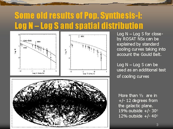 Some old results of Pop. Synthesis-I: Log N – Log S and spatial distribution