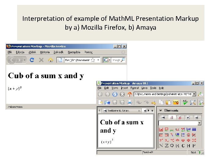 Interpretation of example of Math. ML Presentation Markup by a) Mozilla Firefox, b) Amaya