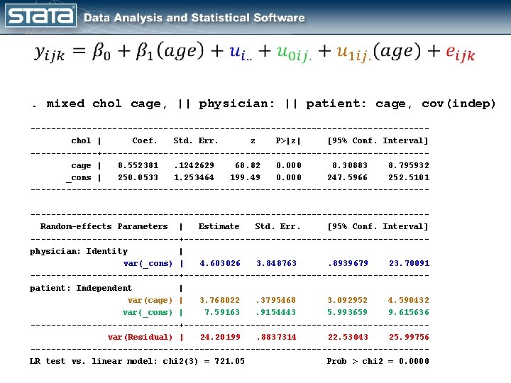 . mixed chol cage, || physician: || patient: cage, cov(indep) ---------------------------------------chol | Coef. Std.
