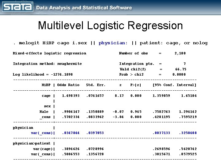 Multilevel Logistic Regression. melogit Hi. BP cage i. sex || physician: || patient: cage,