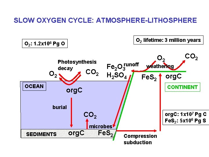 SLOW OXYGEN CYCLE: ATMOSPHERE-LITHOSPHERE O 2 lifetime: 3 million years O 2: 1. 2