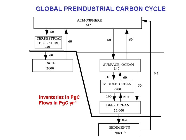 GLOBAL PREINDUSTRIAL CARBON CYCLE Inventories in Pg. C Flows in Pg. C yr-1 