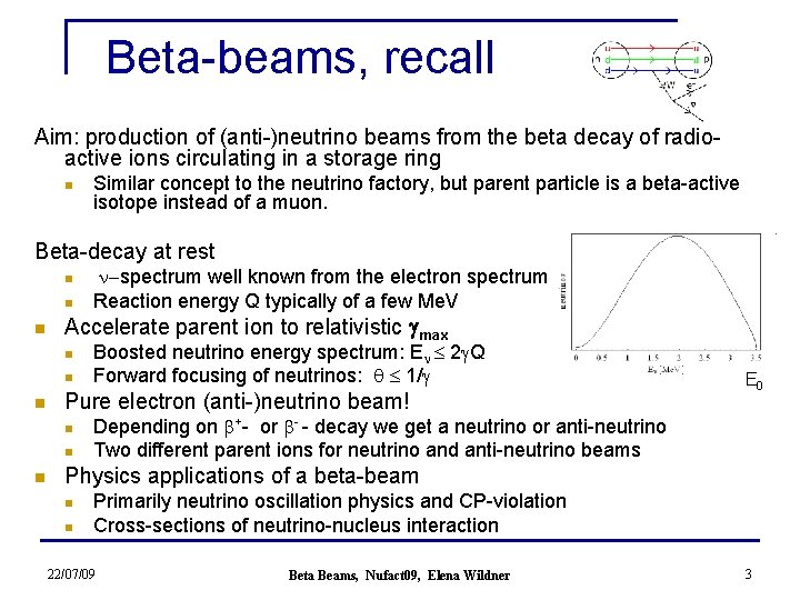 Beta-beams, recall Aim: production of (anti-)neutrino beams from the beta decay of radioactive ions
