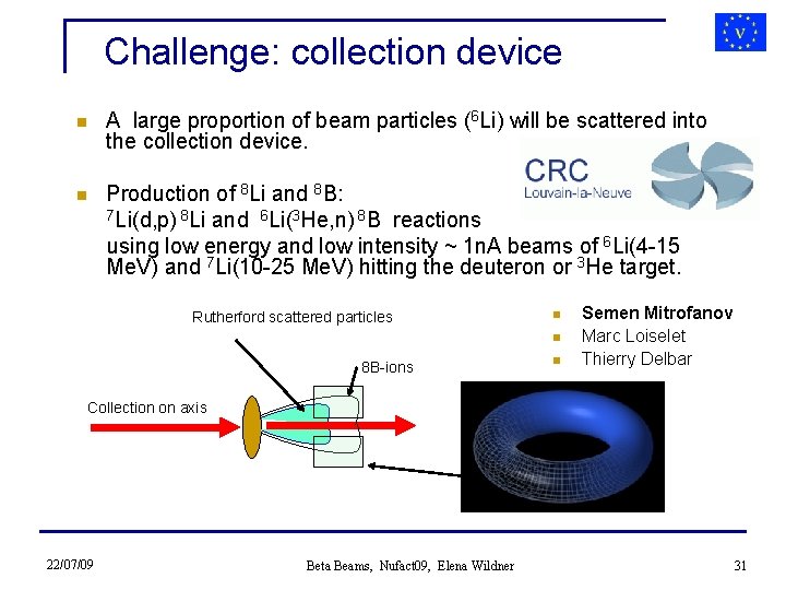 Challenge: collection device n A large proportion of beam particles (6 Li) will be