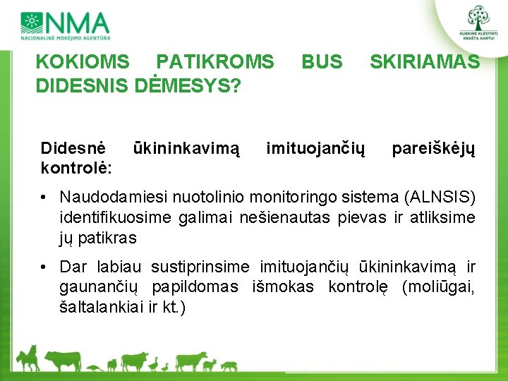 KOKIOMS PATIKROMS DIDESNIS DĖMESYS? Didesnė kontrolė: ūkininkavimą BUS imituojančių SKIRIAMAS pareiškėjų • Naudodamiesi nuotolinio