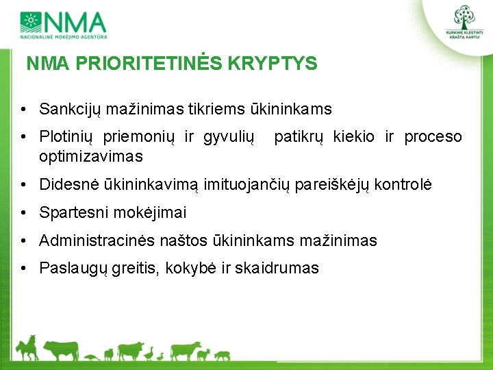 NMA PRIORITETINĖS KRYPTYS • Sankcijų mažinimas tikriems ūkininkams • Plotinių priemonių ir gyvulių optimizavimas