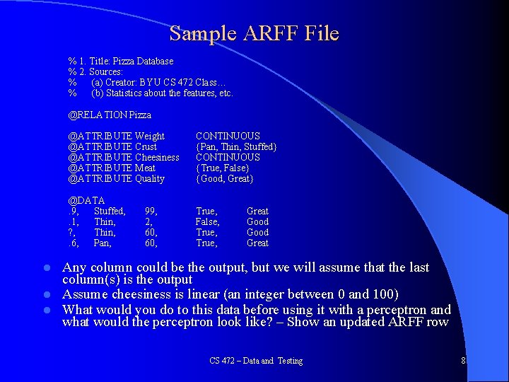 Sample ARFF File % 1. Title: Pizza Database % 2. Sources: % (a) Creator: