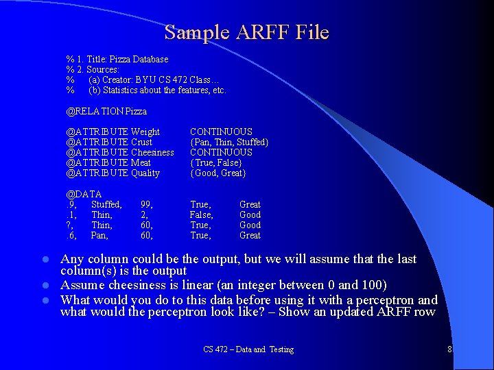 Sample ARFF File % 1. Title: Pizza Database % 2. Sources: % (a) Creator: Sample ARFF File % 1. Title: Pizza Database % 2. Sources: % (a) Creator: