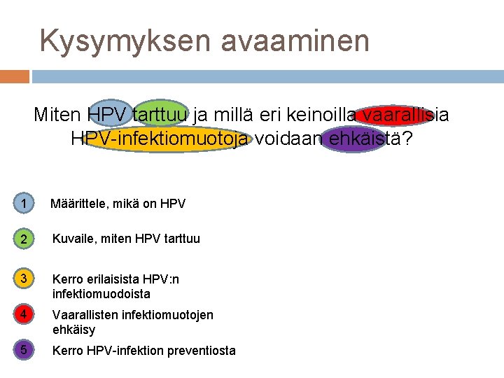 Kysymyksen avaaminen Miten HPV tarttuu ja millä eri keinoilla vaarallisia HPV-infektiomuotoja voidaan ehkäistä? 1