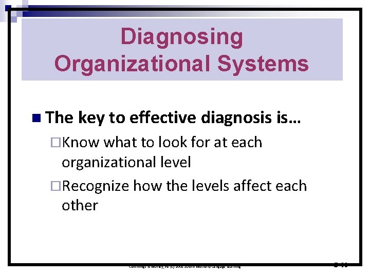 Diagnosing Organizational Systems n The key to effective diagnosis is… ¨Know what to look