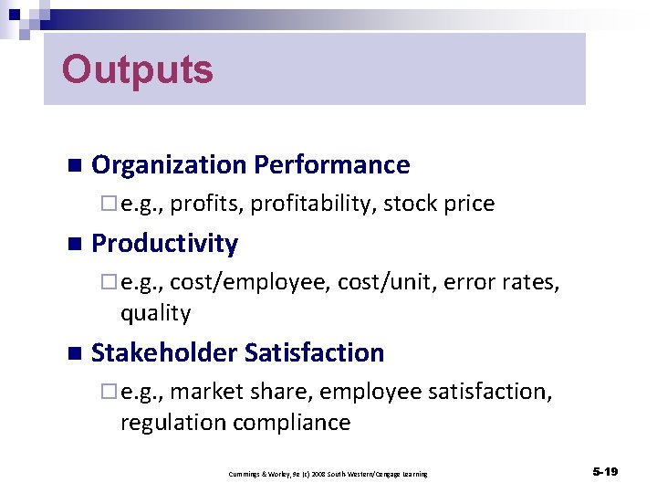 Outputs n Organization Performance ¨ e. g. , profits, profitability, stock price n Productivity