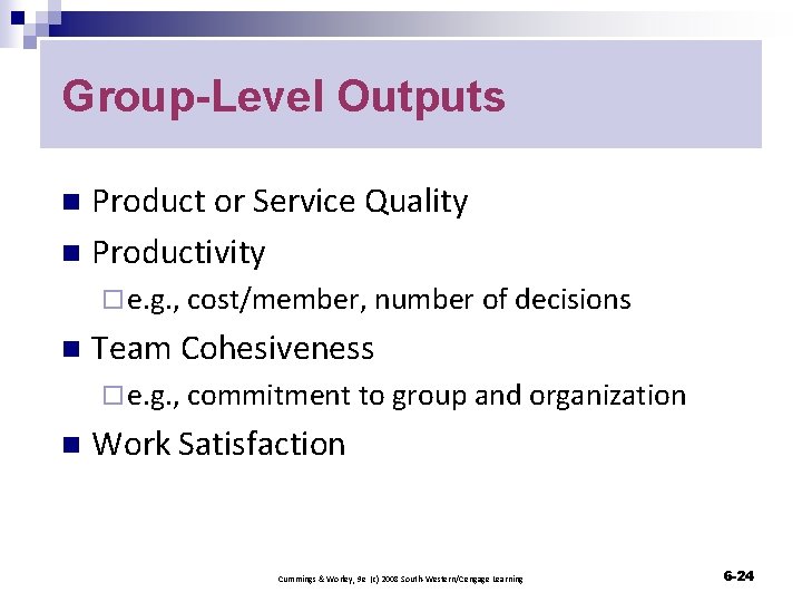 Group-Level Outputs Product or Service Quality n Productivity n ¨ e. g. , cost/member,