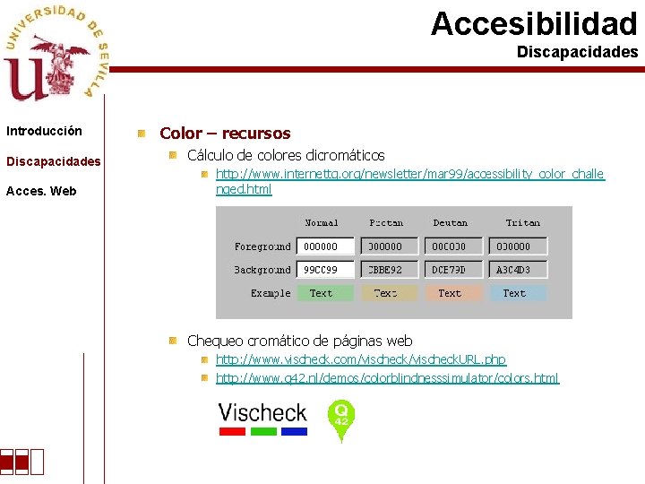 Accesibilidad Discapacidades Introducción Discapacidades Acces. Web Color – recursos Cálculo de colores dicromáticos http: