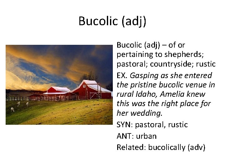 Bucolic (adj) – of or pertaining to shepherds; pastoral; countryside; rustic EX. Gasping as