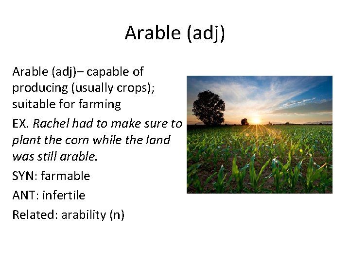 Arable (adj)– capable of producing (usually crops); suitable for farming EX. Rachel had to