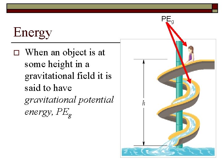 PEg Energy o When an object is at some height in a gravitational field