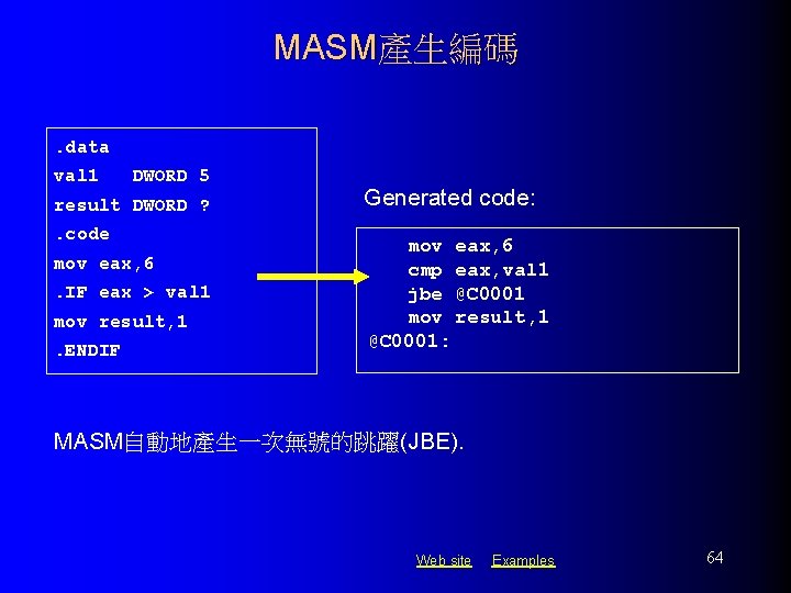 MASM產生編碼. data val 1 DWORD 5 result DWORD ? . code mov eax, 6.