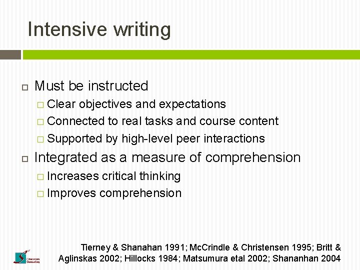 Intensive writing Must be instructed � Clear objectives and expectations � Connected to real
