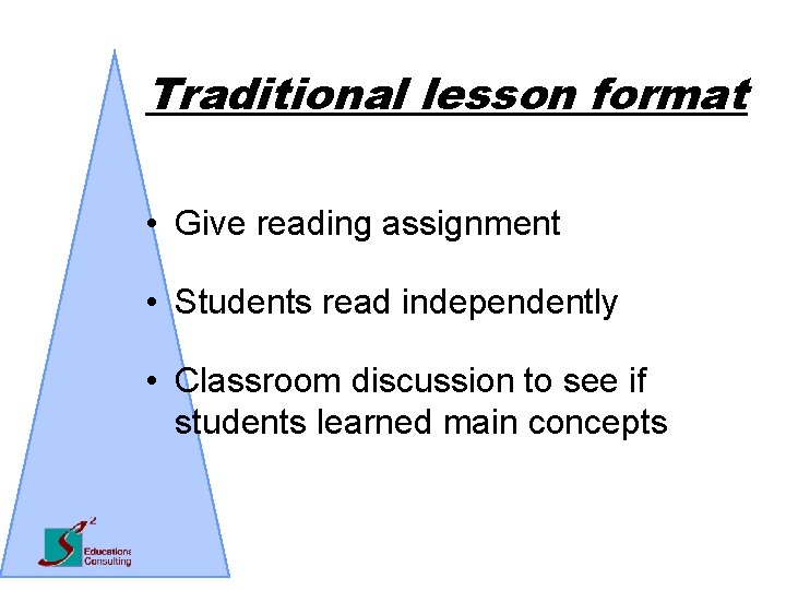 Traditional lesson format • Give reading assignment • Students read independently • Classroom discussion