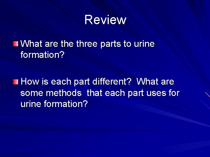 Review What are three parts to urine formation? How is each part different? What