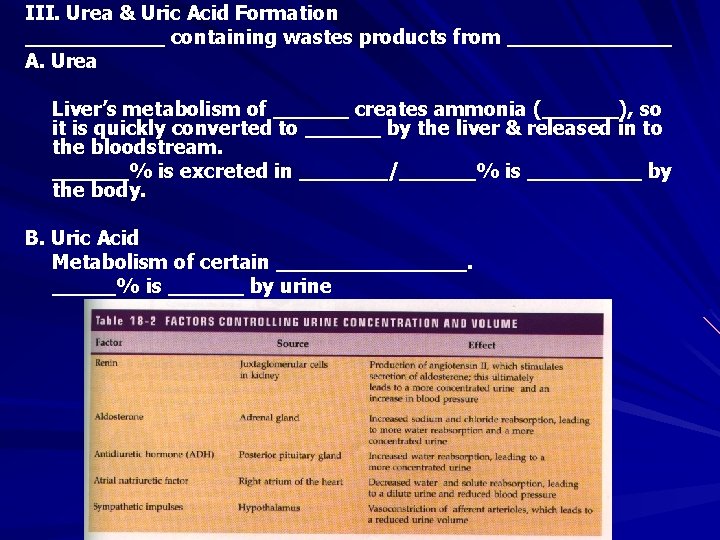 III. Urea & Uric Acid Formation ______ containing wastes products from _______ A. Urea