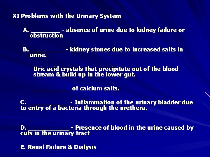 XI Problems with the Urinary System A. ____ - absence of urine due to