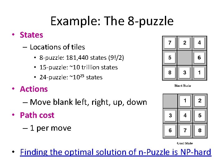  • States Example: The 8 -puzzle – Locations of tiles • 8 -puzzle: