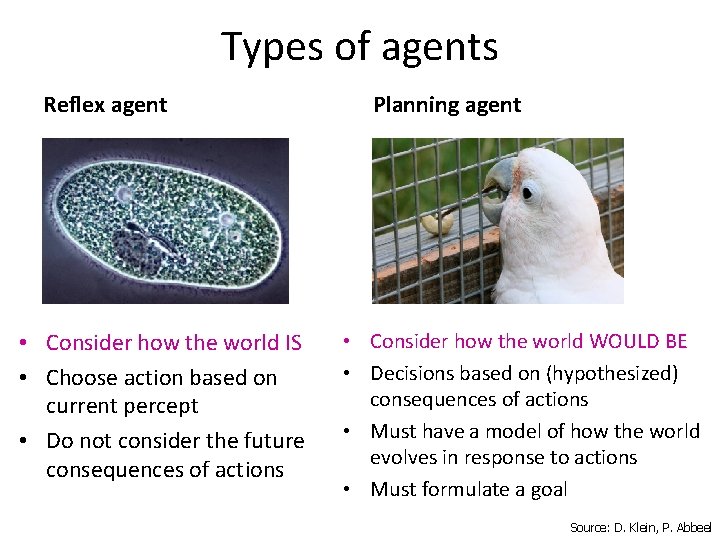 Types of agents Reflex agent • Consider how the world IS • Choose action
