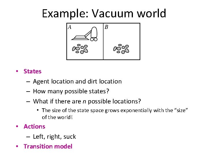 Example: Vacuum world • States – Agent location and dirt location – How many
