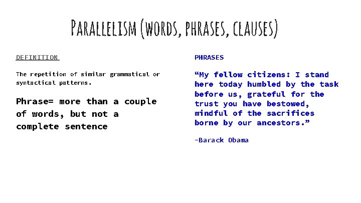 Parallelism (words, phrases, clauses) DEFINITION PHRASES The repetition of similar grammatical or syntactical patterns.